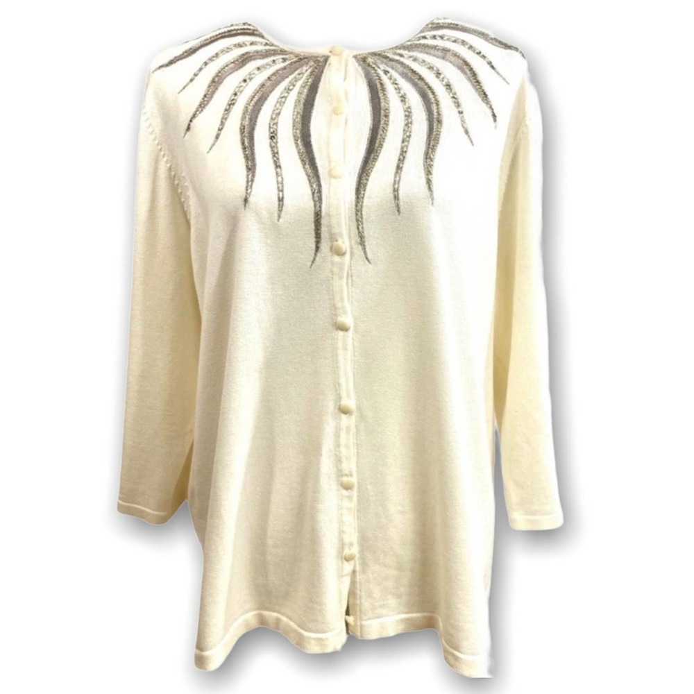 Bob Mackie Wearable Art Cream & Silver Sequin Button Up Crewneck Knit Cardigan
